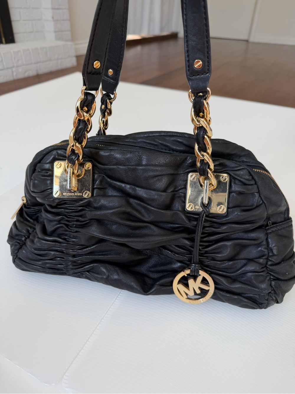 Michael Kors Black Ruched Leather Shoulder Bag with Gold Accents